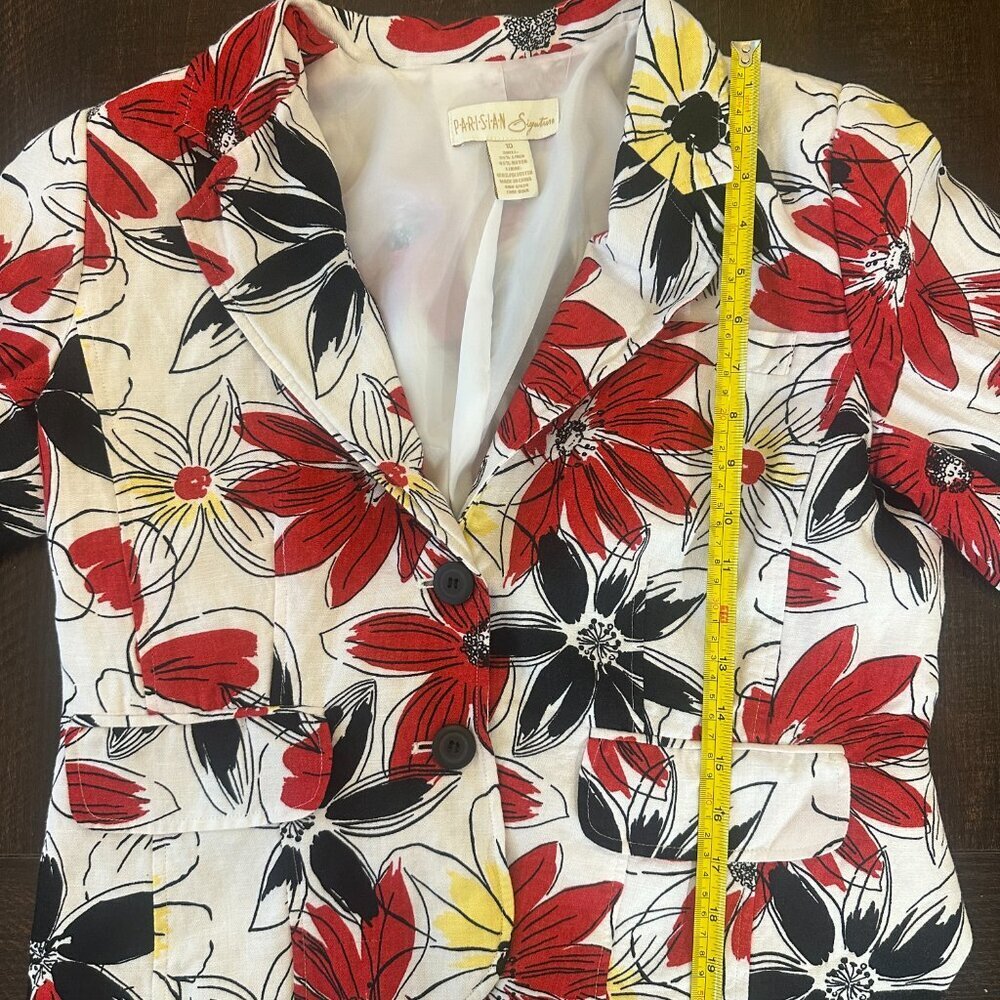 Parisian Signature Red Yellow Black Floral Linen Blend Blazer Women’s Size 10 - Picture 4 of 5